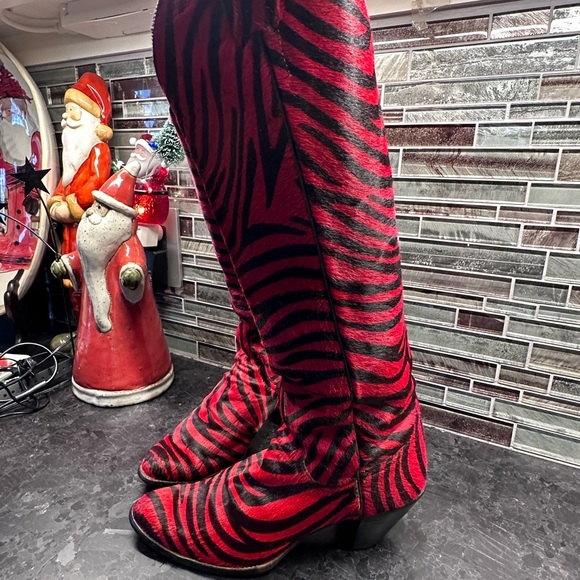 Larry Mahan Shoes - Red and Black Zebra Print Boots